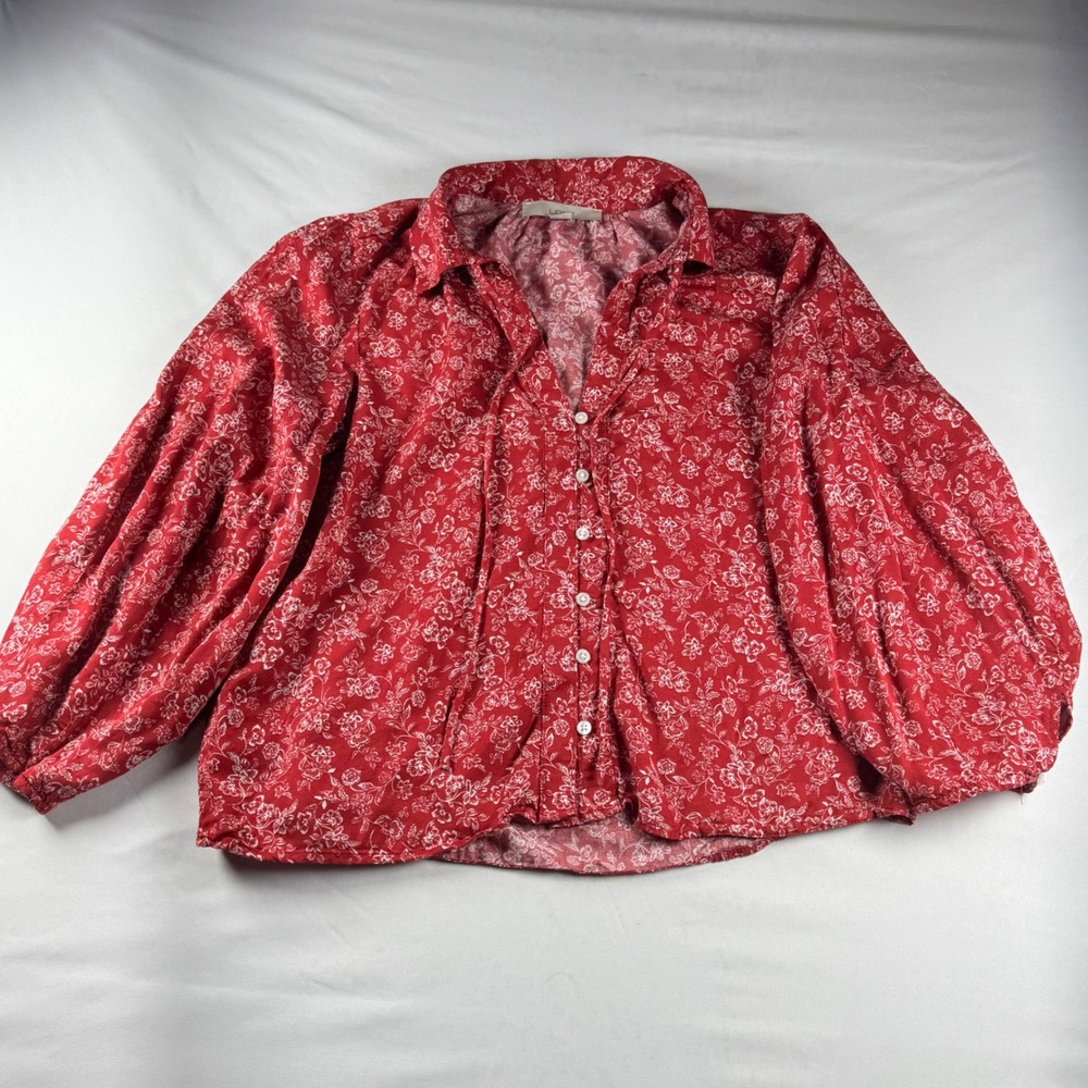 LOFT Red Floral Balloon Sleeve Button Down Blouse Top Small Boho Viscose Modal